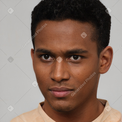 Neutral latino young-adult male with short  brown hair and brown eyes