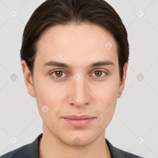 Neutral white young-adult male with short  brown hair and brown eyes