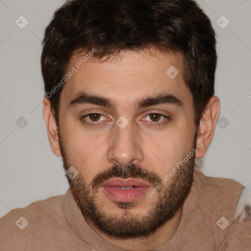 Neutral white young-adult male with short  brown hair and brown eyes