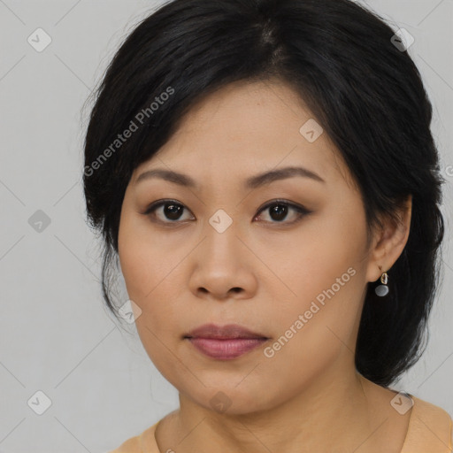 Neutral asian young-adult female with long  black hair and brown eyes