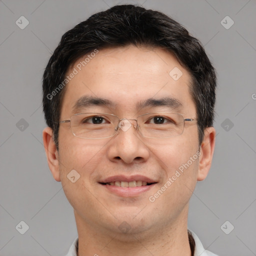 Joyful white adult male with short  brown hair and brown eyes