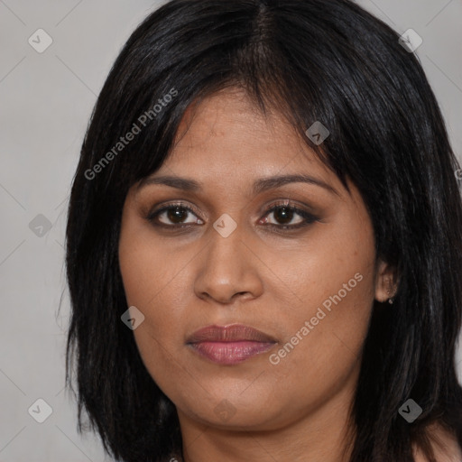 Joyful asian young-adult female with long  brown hair and brown eyes