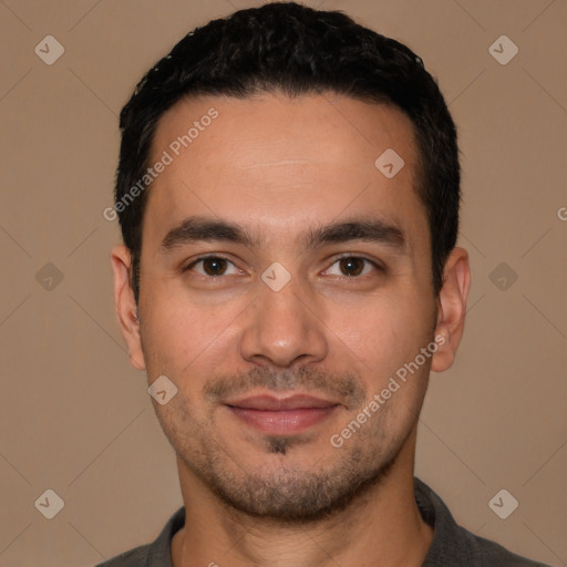 Joyful white young-adult male with short  black hair and brown eyes