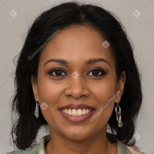 Joyful black young-adult female with medium  brown hair and brown eyes