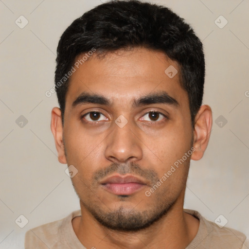 Neutral latino young-adult male with short  black hair and brown eyes