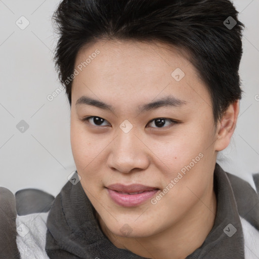 Joyful asian young-adult female with short  brown hair and brown eyes