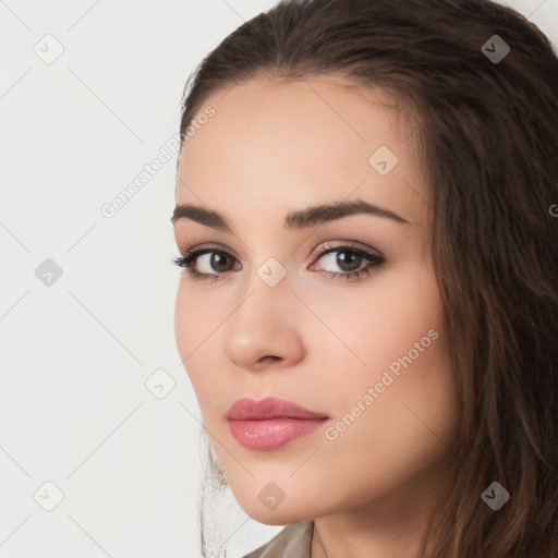 Neutral white young-adult female with long  brown hair and brown eyes