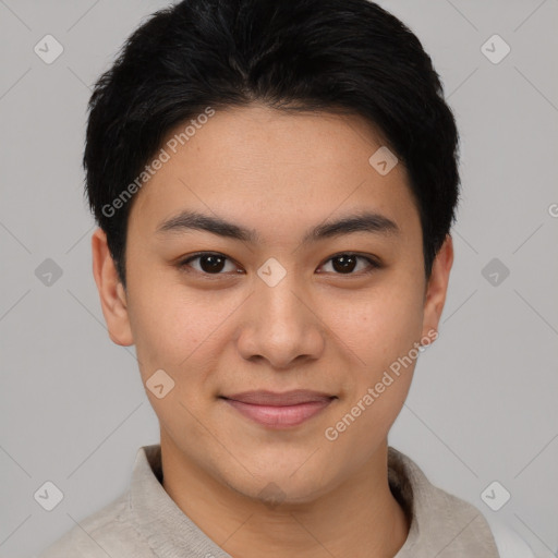 Joyful asian young-adult female with short  black hair and brown eyes