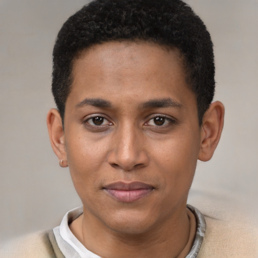 Neutral black young-adult male with short  brown hair and brown eyes