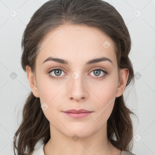 Neutral white young-adult female with medium  brown hair and brown eyes