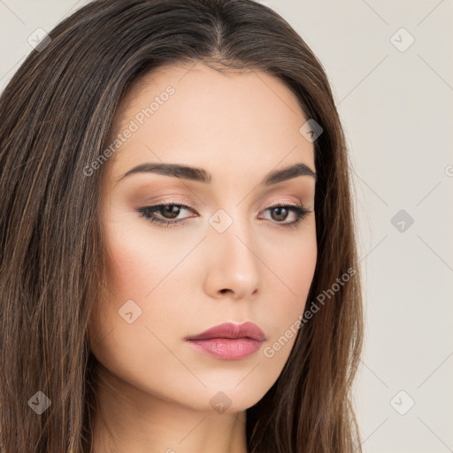 Neutral white young-adult female with long  brown hair and brown eyes