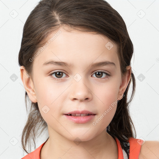 Joyful white child female with medium  brown hair and brown eyes