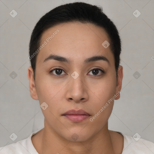 Neutral latino young-adult female with short  brown hair and brown eyes