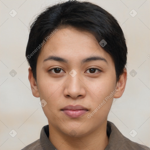 Neutral asian young-adult female with short  black hair and brown eyes