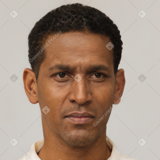 Neutral latino adult male with short  black hair and brown eyes