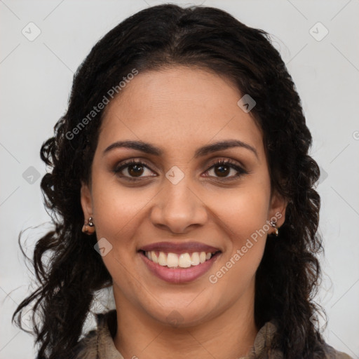 Joyful latino young-adult female with long  brown hair and brown eyes