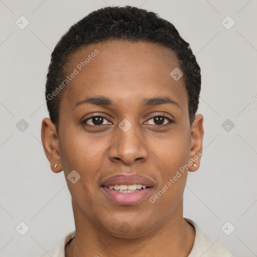 Joyful black young-adult female with short  black hair and brown eyes