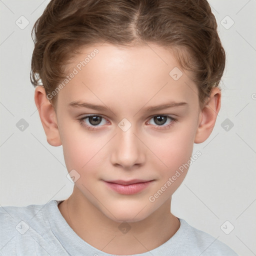 Joyful white child female with short  brown hair and brown eyes