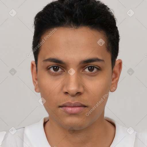 Neutral latino young-adult male with short  black hair and brown eyes