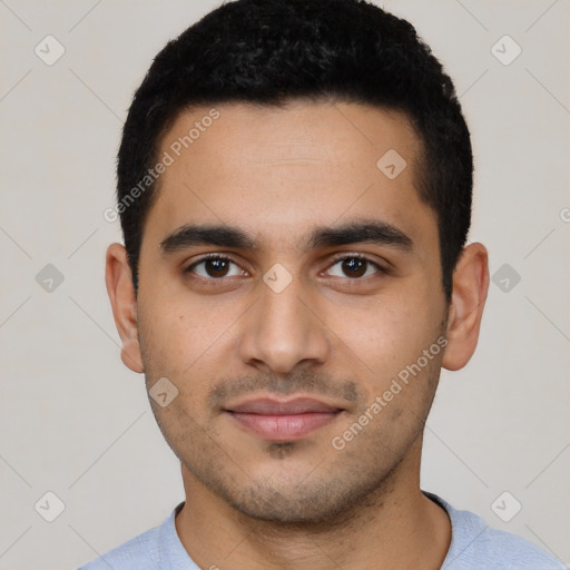 Neutral latino young-adult male with short  black hair and brown eyes