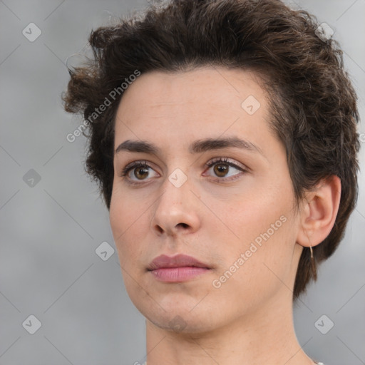 Neutral white young-adult female with short  brown hair and brown eyes