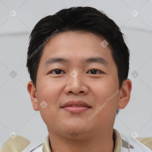 Neutral asian young-adult male with short  brown hair and brown eyes