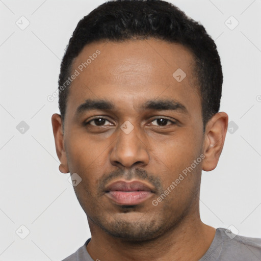 Neutral latino young-adult male with short  black hair and brown eyes