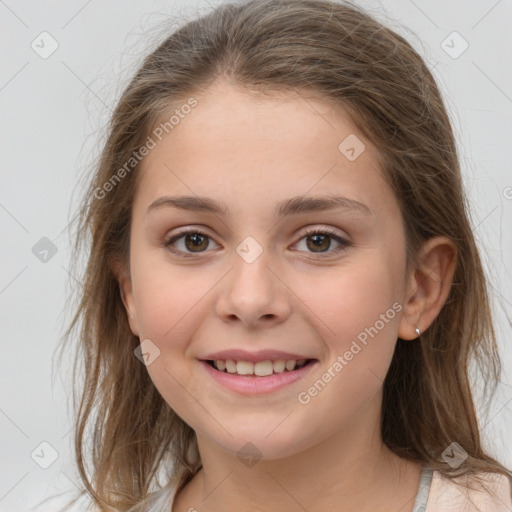 Joyful white child female with medium  brown hair and brown eyes