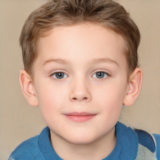 Joyful white child female with short  brown hair and grey eyes