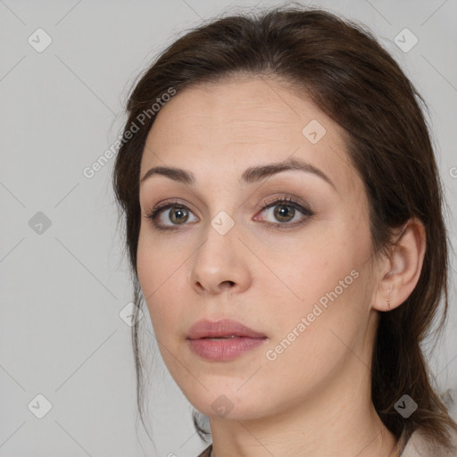 Neutral white young-adult female with medium  brown hair and brown eyes