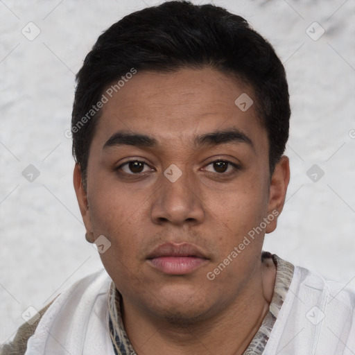 Neutral white young-adult male with short  black hair and brown eyes