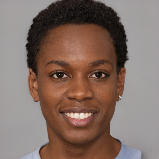 Joyful black young-adult female with short  black hair and brown eyes