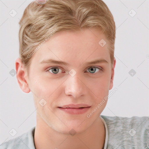 Joyful white young-adult female with short  brown hair and blue eyes