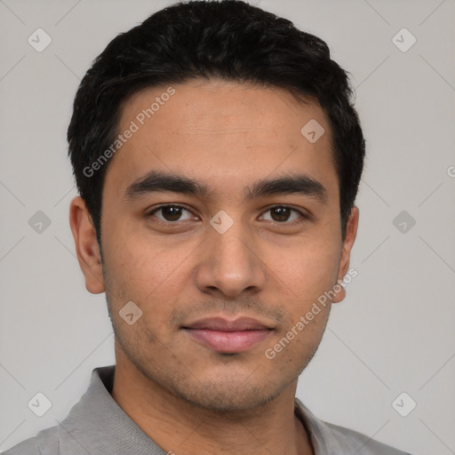 Neutral latino young-adult male with short  black hair and brown eyes