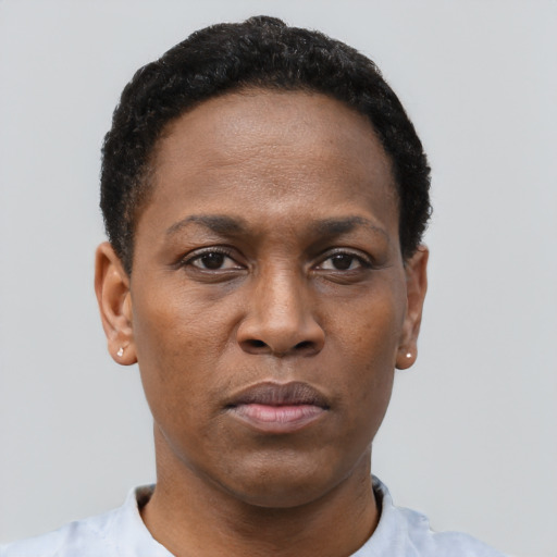 Neutral black young-adult female with short  black hair and brown eyes