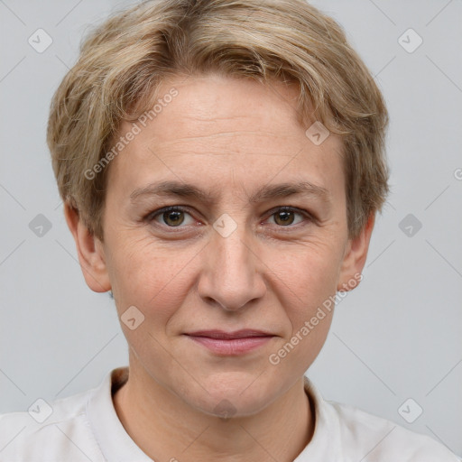 Joyful white adult male with short  brown hair and grey eyes