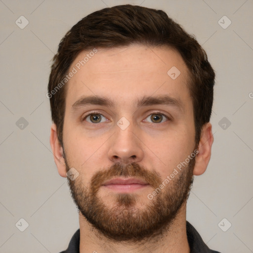 Neutral white young-adult male with short  brown hair and grey eyes