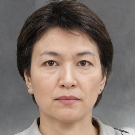 Neutral white adult female with short  brown hair and brown eyes