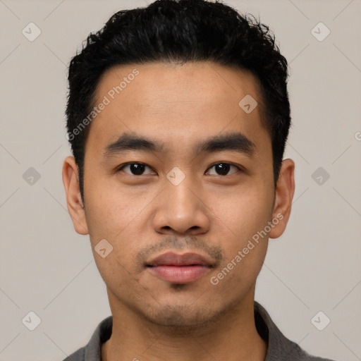 Neutral asian young-adult male with short  black hair and brown eyes