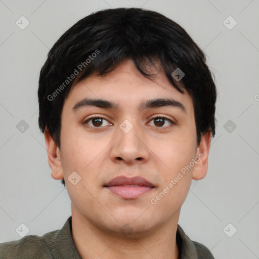 Neutral asian young-adult male with short  black hair and brown eyes