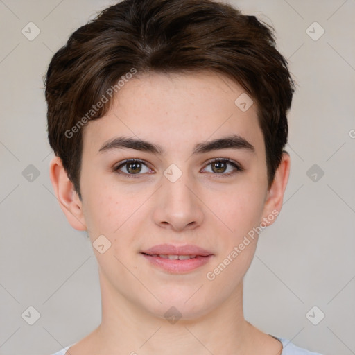 Joyful white young-adult female with short  brown hair and brown eyes