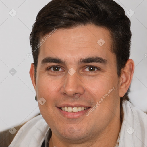 Joyful white young-adult male with short  brown hair and brown eyes