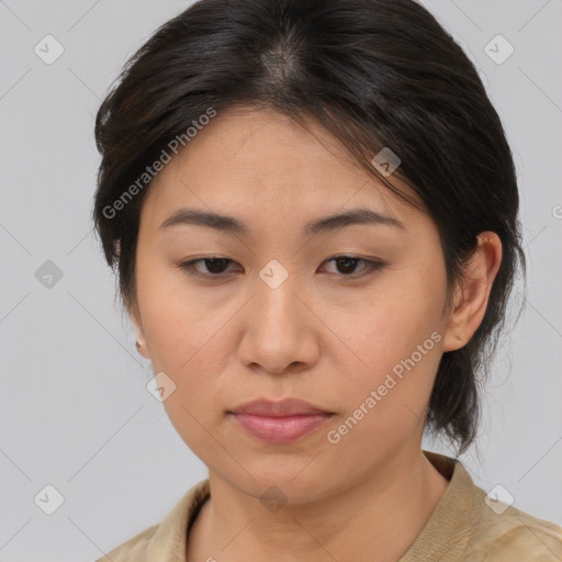 Neutral asian young-adult female with medium  brown hair and brown eyes