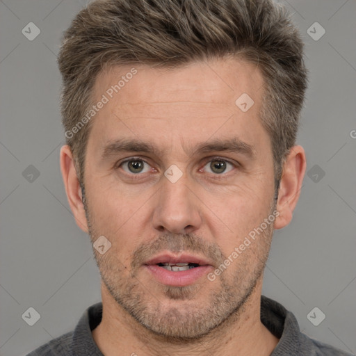 Neutral white adult male with short  brown hair and brown eyes