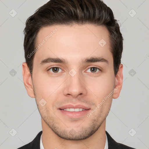 Joyful white young-adult male with short  brown hair and brown eyes