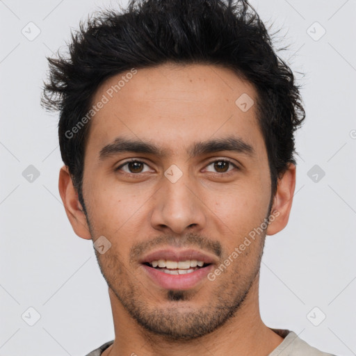 Joyful asian young-adult male with short  black hair and brown eyes