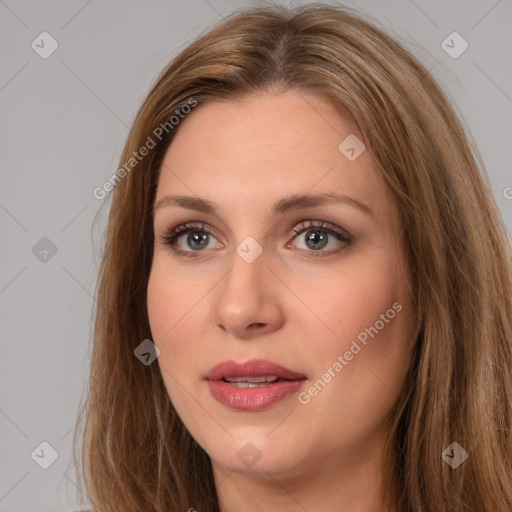 Neutral white young-adult female with long  brown hair and brown eyes