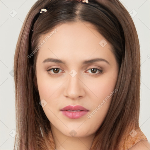 Neutral white young-adult female with long  brown hair and brown eyes