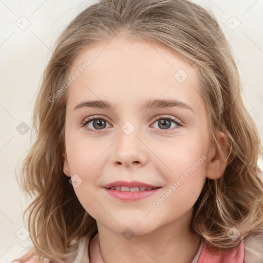 Joyful white child female with medium  brown hair and grey eyes