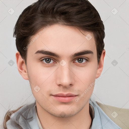 Neutral white young-adult male with short  brown hair and brown eyes